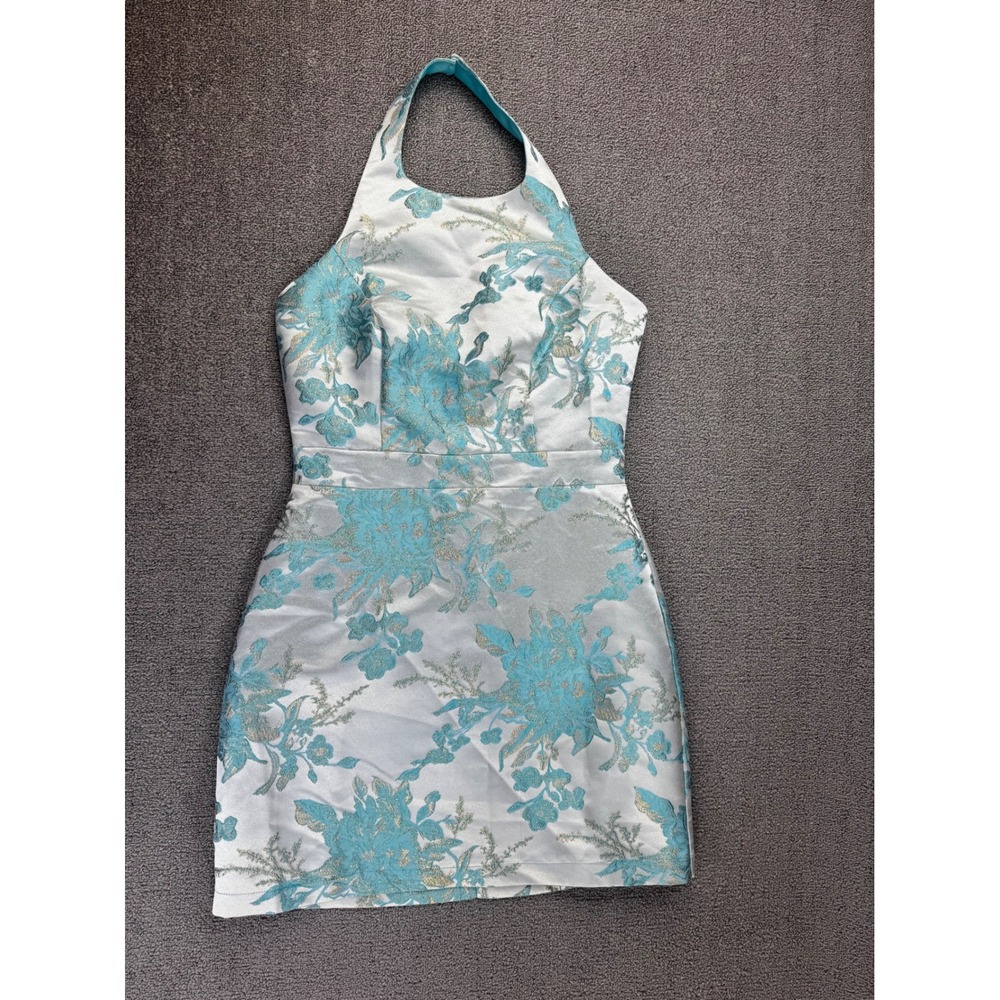 B.RIGHT Mini Dress Small Blue Gonna Go Far Dress Mint Floral Metallic Brocade